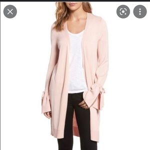 Halogen long tie sleeve cardigan pink